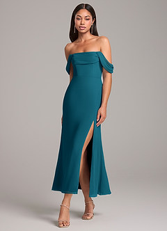 Azazie Saige Bridesmaid Dresses Ink Blue Sheath Off the Shoulder Chiffon Convertible Dress image3