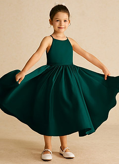 Azazie Sunray Flower Girl Dresses Pine A-Line Spaghetti Strap Matte Satin Dress image2
