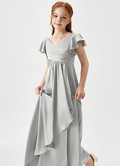 Azazie Omari Junior Silver A-Line Pleated Stretch Satin Dress image6