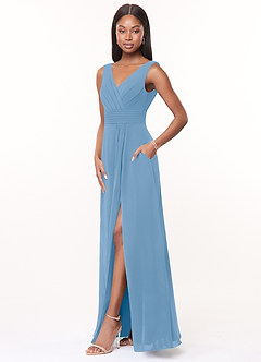 Azazie Karina Bridesmaid Dresses Powder Blue A-Line Pleated Chiffon Dress image3