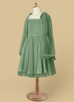 Azazie Aya Robe Demoiselle D'honneur Fillette Robe Trapèze en Tulle avec manches Matcha image8