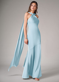 Azazie Kinsley Vestidos de madrinha de casamento Vestir Céu Azul de Cetim elástico de sereia com Fenda Lateral image3