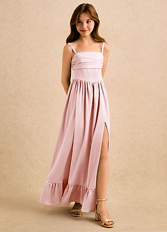Azazie Maisie Girls Formal Robe Demoiselle D'honneur Fillette Robe Trapèze en Satin extensible Rayé Rose Pâle image3