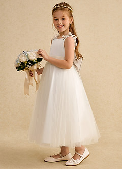 Azazie Lilli Flower Girl Dresses Ivory White Alabaster A-Line Bow Tulle Dress image3