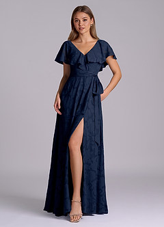 Azazie Lainey 신부 들러리 드레스 A라인 포켓이 있는 플로럴 번아웃 바닥 길이 드레스 image1