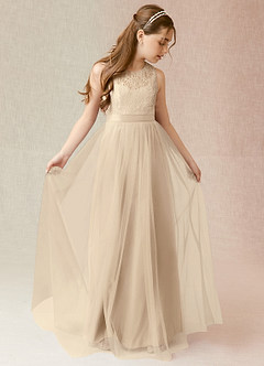 Azazie Georgette Junior Champagne A-Line Lace Tulle Dress image1