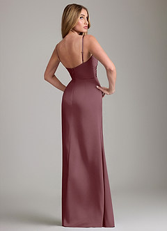 Azazie Danelle Bridesmaid Dresses Sangria Sheath Pleated Stretch Satin Dress image2