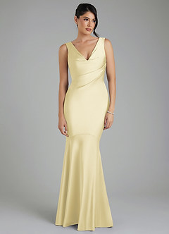 Azazie Monica At-home Try On Dresses Lemon Sorbet Mermaid Pleated Stretch Satin Dress image4