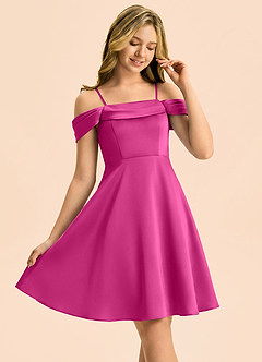 Azazie Anselie Junior Fuchsia A-Line Off the Shoulder Stretch Satin Dress image1