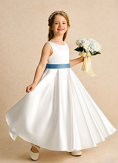 Azazie Cherry vestidos de niña de las flores Vestido de Marfil Azul Acero de Satin Mate de Princesa con Plisado image3