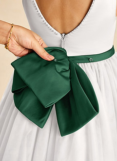 Azazie Seline Flower Girl Dresses Ivory Dark Green A-Line Bow Tulle Dress image3
