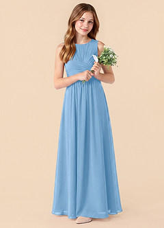 Azazie Skyla Junior Robe Trapèze en Mousseline de soie Plissée Poudre Bleue image3