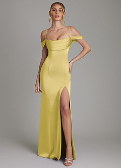 Azazie Nira Bridesmaid Dresses Canary Mermaid Corset Stretch Satin Dress image4