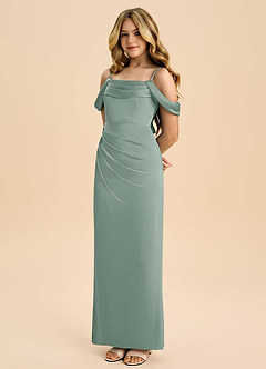 Azazie Saige Junior Silver Sage Sheath Off the Shoulder Stretch Satin Dress image1