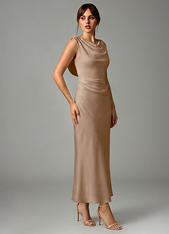 Azazie Kieryn Robes de demoiselle d'honneur Robe Sirène en Satin extensible Plissée Taupe image4