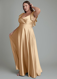 Azazie Leilani Bridesmaid Dresses Champagne A-Line Ruched Stretch Satin Dress image5