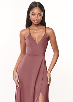 Azazie Maksim Bridesmaid Dresses Amethyst A-Line V-Neck Stretch Satin Dress image5