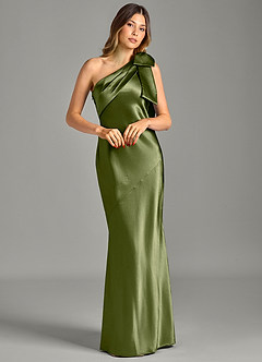Azazie Yuanna Bridesmaid Dresses Olive Mermaid One Shoulder Metallic Satin Dress image3