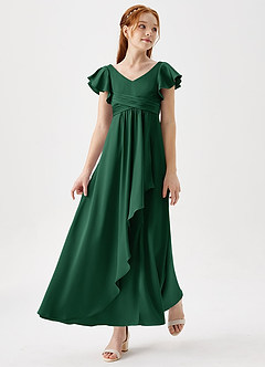Azazie Omari Junior Dark Green A-Line Pleated Stretch Satin Dress image1