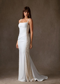 Azazie Shauna Wedding Dresses Diamond White Champagne Sheath Square Neckline Crepe Back Satin Dress image4