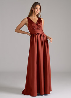 Azazie Kora Bridesmaid Dresses Terracotta A-Line Pleated Stretch Satin Dress image3
