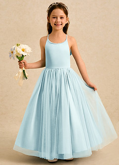 Azazie Aurora Flower Girl Dresses Sea Glass A-Line Bow Tulle Dress image3