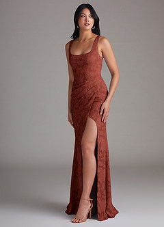 Azazie Mero Bridesmaid Dresses Terracotta Sheath Pleated Floral Burnout Dress image2