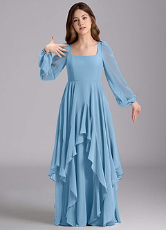 Azazie Clara Junior Steel Blue A-Line Blouson Chiffon Dress image6