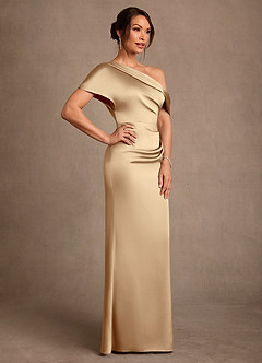 Azazie Rutha At-home Try On Dresses Champagne Sheath One Shoulder Stretch Satin Dress image3