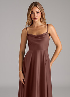 Azazie Elle Bridesmaid Dresses Espresso A-Line Pleated Stretch Satin Dress image2