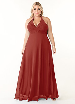Azazie Tessie Bridesmaid Dresses Terracotta A-Line V-Neck Pleated Chiffon Dress image6