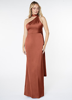 Azazie Kaylani Bridesmaid Dresses Clay Mermaid High Neck Stretch Satin Dress image1