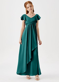 Azazie Omari Junior Peacock A-Line Pleated Stretch Satin Dress image3