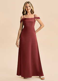 Azazie Lettie Junior Jurk van Stretch Satijn met A-Lijn Off-shoulder Terracotta image4