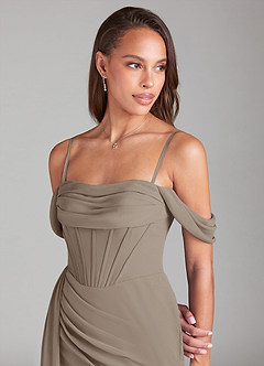 Azazie Amyra Bridesmaid Dresses Taupe Sheath Off the Shoulder Chiffon Convertible Dress image7
