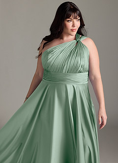 Azazie Charlize Bridesmaid Dresses Agave A-Line One Shoulder Stretch Satin Dress image15