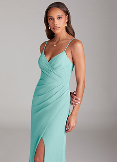 Azazie Maci Bridesmaid Dresses Aqua Sheath Pleated Chiffon Dress image2