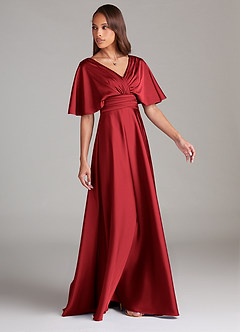 Azazie Pamela Robes de demoiselle d'honneur Robe Trapèze en Satin extensible Plissée Écarlate image3