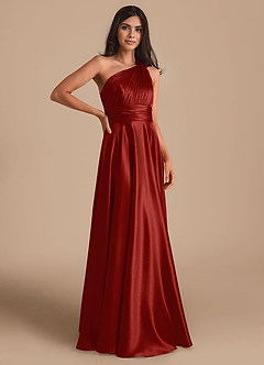 Azazie Charlize Bridesmaid Dresses Rust A-Line One Shoulder Metallic Satin Dress image3