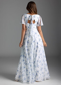 Azazie Kimber Bridesmaid Dresses Blue Cottage Floral A-Line Flounce Sleeve Chiffon Dress image2