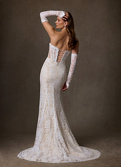Azazie Issa Wedding Dresses Diamond White Champagne Sheath Strapless Lace Dress image2
