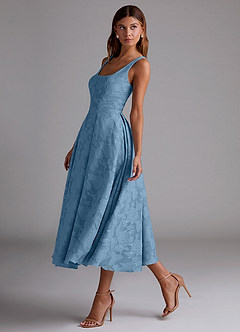 Azazie Amalie Bridesmaid Dresses Steel Blue A-Line Pleated Floral Burnout Dress image4