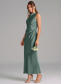 Azazie Evadne Vestidos de damas de honor Vestido de Musgo Marino de Satén Elástico de Corte Recto con Plisado image1