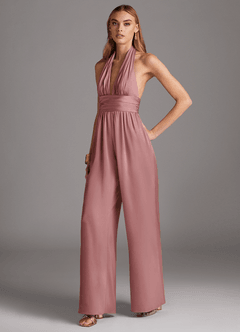 Azazie Oli Jurken voor bruidsmeisjes Jumpsuit van Stretch Satijn Geplooid Stoffige Roos image4