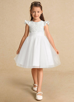 Azazie Vetty Flower Girl Dresses Ivory White A-Line Lace Tulle Dress image6