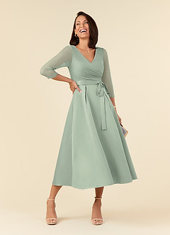 Azazie Plus Size A-Line/Princess V-Neck Tea-Length Mesh Mother of the Bride or Groom Dresses - Dusty Sage Azazie Plus Size A-Line/Princess V-Neck Tea-Length Mesh Mother of the Bride or Groom Dresses - Dusty Sage