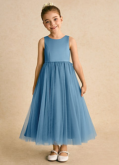 Azazie Solia Flower Girl Dresses Steel Blue Ball-Gown Bow Tulle Dress image3
