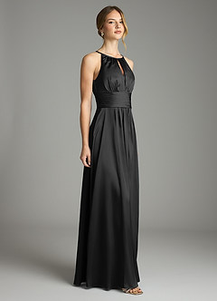 Azazie Bonnie Bridesmaid Dresses Black A-Line Pleated Stretch Satin Dress image4