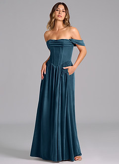 Azazie Hattie Bridesmaid Dresses Blue Topaz A-Line Ruched Velvet Dress image4