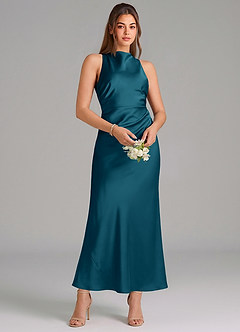 Azazie Evadne Vestidos de damas de honor Vestido de Azul Tinta de Satén Elástico de Corte Recto con Plisado image3